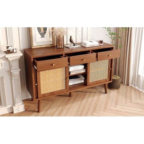 Sideboard en MDF noyer 120 x 40 x 78 cm, 3 tiroirs, 3 portes coulissantes, étagères réglables (1/5)