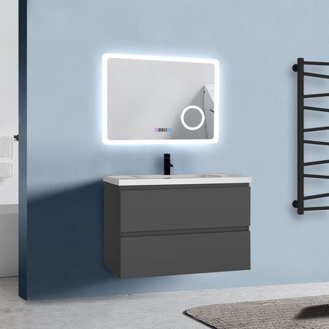 Badezimmer Badmöbel-Set 80cm Unterschrank mit keramik waschtisch 2 Schubladen Anthrazit Matt soft close Selbstmontierter (1/4)