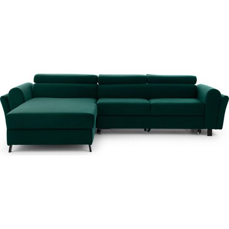 Canapé d’angle convertible MAZALI velours - Appuis-tête réglables et rangement-Vert impérial-Méridienne A gauche (1/5)
