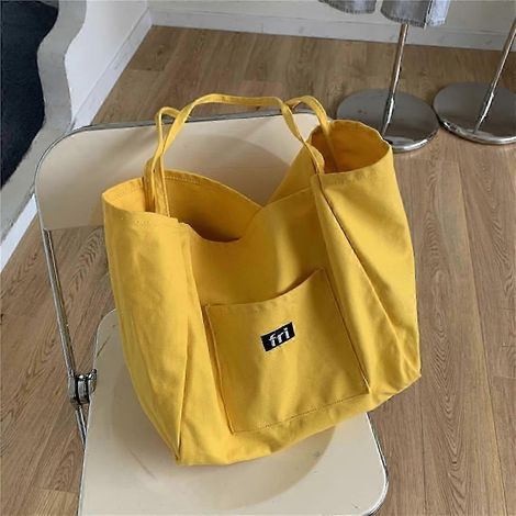 Sac à bandoulière jaune élégant de style coréen pour femme, grande capacité, sac de courses imprimé tendance, cabas en toile. (1/5)