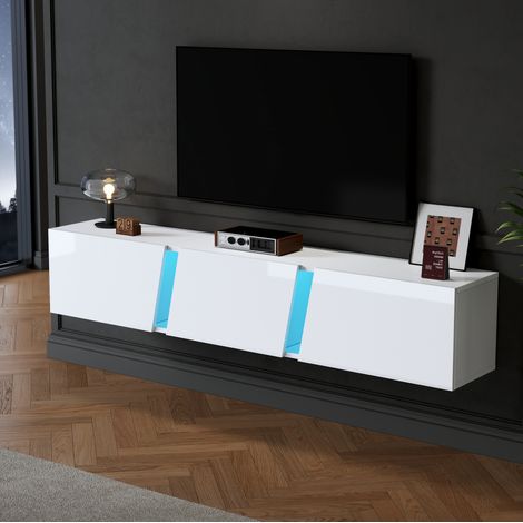 Mobile TV sospeso 180 x 35 x 30 cm con LED, 3 ante, bianco DESVIAE (1/5)