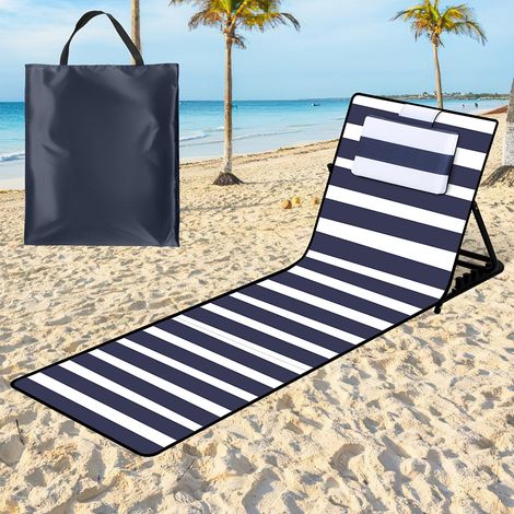 Randaco Tappetino da spiaggia 158 x 55 cm sdraio imbottito con schienale pieghevole stuoia da spiaggia trasportabile per esterni Blu e bianco a righe