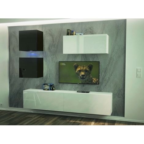 Ensemble meuble TV NEXT 269 AN269-17WB-HG25-1A blanc-noir brillant 200 cm