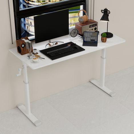 Schreibtisch höhenverstellbar aus Metall und Holz, weiß, manuell mit Kurbel, für Homeoffice und Lernen,120x60x90cm (1/5)