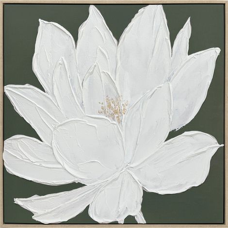 Lienzo pintado a mano con flor creada con pinceladas 3D en color blanco, 80x80cm