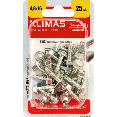 Vis Autoperceuses Pour Tôle Klimas, 4.8 x 16 mm, Tête Hexagonale, Blister 25 Pièces (1/5)