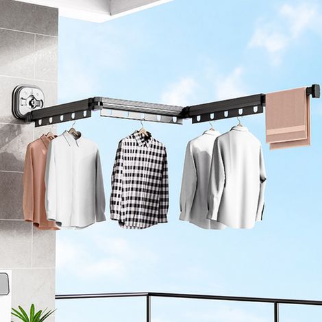 Étendoir à linge pliable pour balcon, mural, sans perçage, à ventouse, barre de séchage pour couettes, coulissant en trois parties, résistant au vent et à la poussière. (1/5)