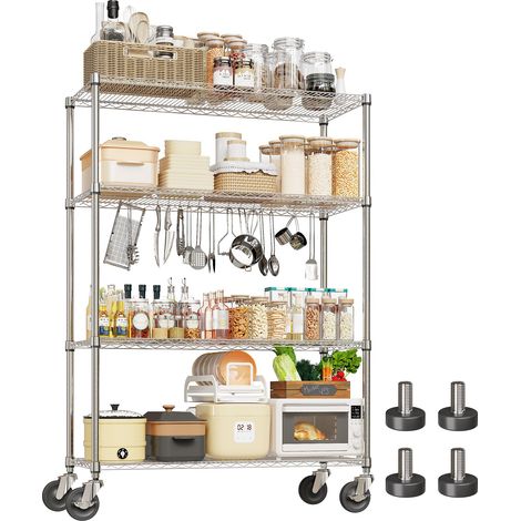 Étagère de rangement robuste en fil métallique chromé, réglable sur 4 niveaux 180cm H x 120cm L x 45cm P– capacité de 1 760, étagère polyvalente équipée de roulettes verrouillables de 4 pouces pour la (1/5)