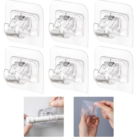 Lot de 6 crochets pour tringle à rideaux (6 x 6 cm) - Fixation sans perçage - Adhésifs - Accessoires pour rideaux - Convient aux tringles à rideaux, porte-serviettes, salles de bain et cuisines - Tran (1/5)