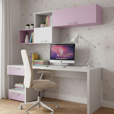 Angolo studio moderno con cassettiera sfalsata per cameretta - bianco e cipria