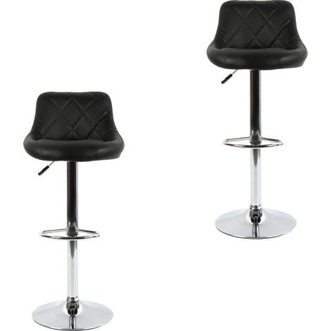 Tabouret de bar 2, chaise de cuisine moderne, avec dossier repose-pieds sans accoudoir en similicuir chromé design pivotant réglable en hauteur, noir (1/5)