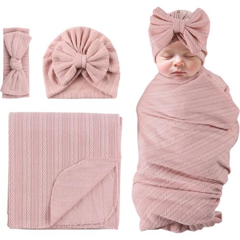 Emmaillotage Bébé Nouveau Né Fille Couverture Emmaillotage avec Chapeau Bandeau Sac de Couchage Bébé Naissance (Vieux Rose) (1/5)
