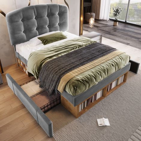 Cama tapizada con almacenaje y cabecero ajustable HAVRYA (1/5)