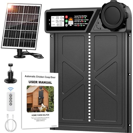 Grande Porte Poulailler Automatique Solaire, Solaire en Aluminium avec Écran LCD Étanche, Minuterie, Télécommande, Fonction Anti-pincement, Noir - (1/5)