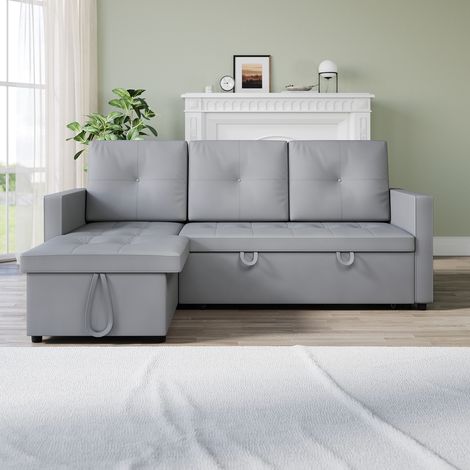 SONNI 3-Sitzer Ecksofas 3-in-1 mit Ausziehbett und Verstecktem Stauraum, Funktional und Platzsparend, Hellgrau (1/5)