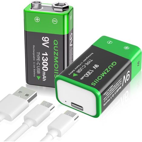 Lot de 2 Piles Rechargeables 9V, 1300mAh Haute Capacité 9 Volt Piles Lithium Carrées Recharge USB-C avec câble de Chargement 2 en 1 pour Détecteurs de Fumée, Multimètres etc (1/5)