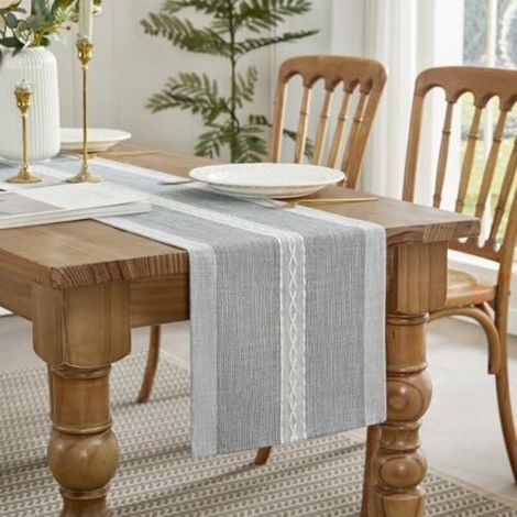 Cotton Linen Embroidery Indoor Outdoor Farmhouse Style Table Runner Grey 120cm Table Runner for Party, Dining Room, Kitchen Decorations (1/5)