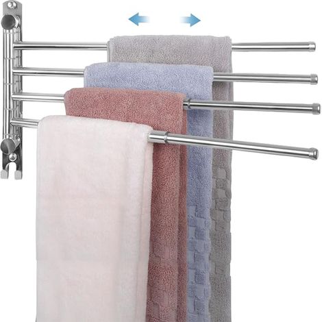 Porte-Serviettes Salle de Bain, Porte Serviette Murale avec 4 Barres 180°Rotatives Sèche-Serviettes en Acier Inoxydable Extensible jusqu'à 50 cm (Argent) (1/5)