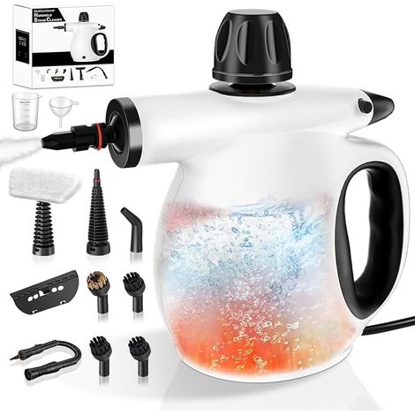 Nettoyeur à vapeur portable, polyvalent avec serrure de sécurité et 12 accessoires pour salle de bains, fenêtres et cuisine (noir et blanc) (1/5)