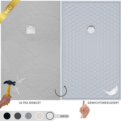 SOULBATH Duschwanne aus Harz und Faser – Robust und ultraleicht – Schieferstruktur – Weiß – 90x80 – Extra flach + Ablaufventil und Rost (1/5)