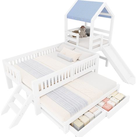 Lit cabane enfant 90x200 avec lit tiroir 90x190, toboggan, échelle latérale, tiroirs de rangement et toit en tissu, blanc, pour chambre d'enfant - CHICFURN (1/5)