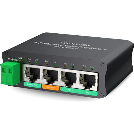 Mini Solar PoE Switch 4 Ports Fonctionne Directement avec des Batteries DC12V ou DC24V, fournit 2 Ports PoE+, 1 Port High PoE+ pour Les Grandes caméras PTZ et 1 Port PoE 24V Passif (1/5)