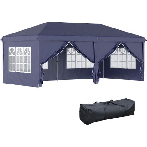 Pergola pieghevole, 5.85×2.95 metri, con protezione UV, pareti laterali e finestre, porta con zip, struttura in acciaio robusto, colore blu, ideale per giardino e eventi.