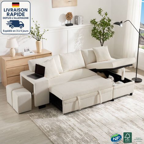Sofá cama plegable con función de dormir, sofá cama esquinero en forma de L con puertos de carga USB y cojines - Sofá cama de tres plazas con estantes laterales y espacio de almacenamiento - Pana - Be (1/4)