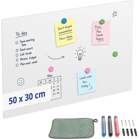 Relaxdays Magnettafel, Kreidetafel beschreibbar, Magnetwand inkl. 3 Stifte, 50x30, Memoboard Büro, Küche, Stahl, weiß (1/5)