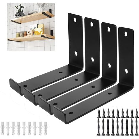 Lot de 4 supports d'étagère flottants en forme de L - 20 cm - Noir - Angle de 90 ° - Pour charges lourdes - Étagère industrielle (1/5)