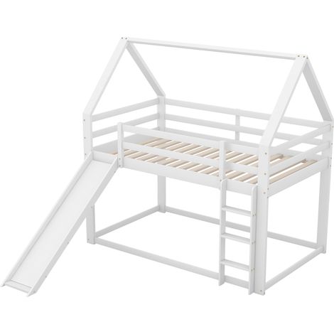 Cama alta infantil con forma de casa, tobogán y escalera, blanca, 90 x 200 cm, HOMVRA (1/5)
