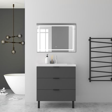 AICA Ensembles de meubles de Salle de Bain 80cm avec 2 Pieds, et vasque en céramique, 3 tiroirs, Anthracite, Style Moderne