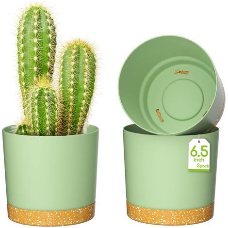 Plant Pots, 3 Pieces 6.5'' Self-Watering Plastic with Drainage Hole and Saucer, Modern Decorative Flower Pot for Indoor and Outdoor Plants, Succulents, Flowers - Green (1/5)