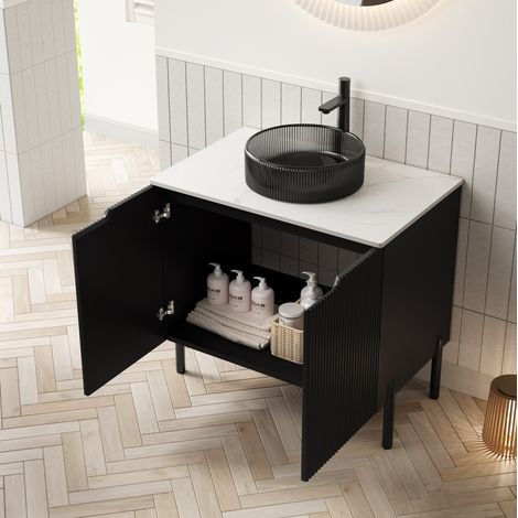 Mobile bagno con lavabo, lavabo tondo in vetro nero, piano in pietra sinterizzata, nero e bianco (1/5)