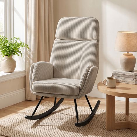 Fauteuil à Bascule Velours Côtelé, Dossier Haut, Accoudoirs Rembourrés, Pieds Bois, Beige (1/5)