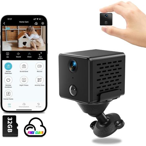 Mini caméra WiFi  Stockage cloud gratuit et carte SD 32 Go, caméra compacte 4K HD 2024, autonomie en veille de 150 jours, caméra de surveillance sans fil avec détection de mouvement IA et vision noctu