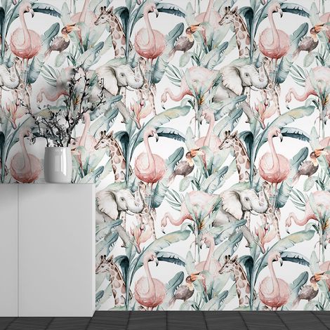Papier peint panoramique Enfants - Motif Flamants roses Éléphants - 130 cm x 81 cm (1/3)