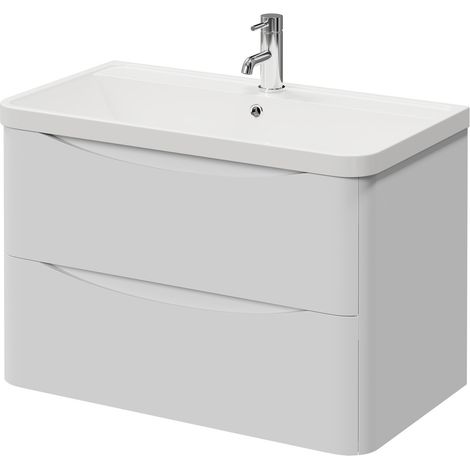 Vela Satin White 800mm Wall Mounted 2 Drawer Vanity Unit with Leni Basin