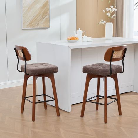 Set de 2 tabourets de bar pivotants 360°, tabourets cuisine et bar avec dossier, dossier en rotin et assise rembourrée, style mid-century moderne, marron, chenille (1/5)
