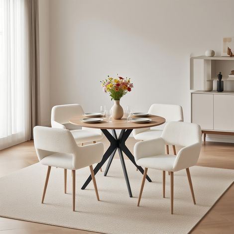 MEUBLES COSY Ensemble de salle à manger 5 pièces, table ronde avec pieds croisés en métal + 4 chaises de salle à manger en tissu éponge beige (1/5)