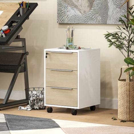 Rollbarer Aktenschrank mit 3 Schubladen, Schloss und 2 Schlüsseln für Arbeits-/Wohnzimmer, 40 x 40 x 63,5 cm, Weiß und Eiche