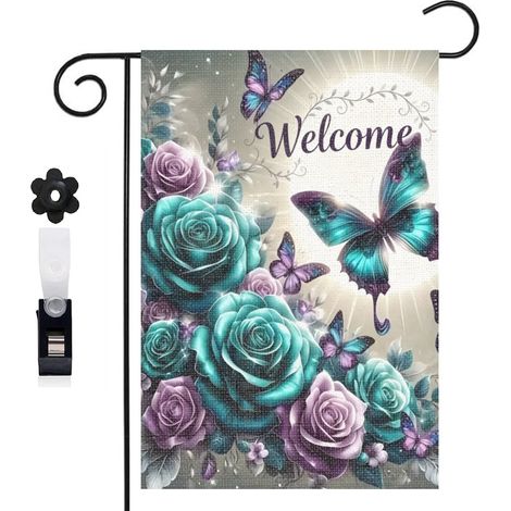 Bannière de cour Welcome et papillons bleus violets 30 x 45 cm décoration porche et maison (1/5)