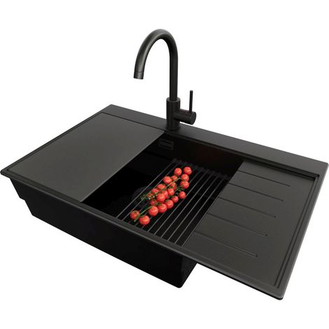 PRIMAGRAN Evier Cuisine en Granit 78x50cm,Lavabo 1 bac + Robinet 32x20cm + Kit de Vidage + Accessoires, Évier à Encastrer au meuble 60cm - Sydney, Tout Noir
