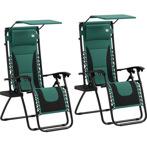 Set of 2 Zero Gravity Lounge Chairs with Shade Cover,Padded Seats,Cup Holders,and Soft Cushions for Poolside and Camping,Green Color