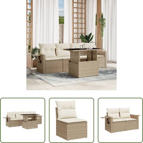 vidaXL Gartensessel - 5-tlg. Garten-Sofagarnitur mit Kissen Beige Poly Rattan (1/5)