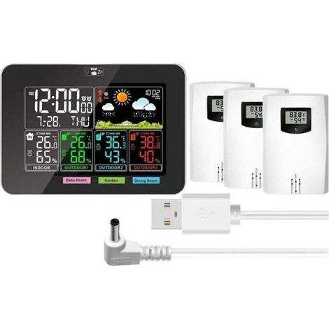 Thermomètre météo, stations météo intérieures et extérieures sans fil, température, humidité, écran couleur VA, prévisions météo, pression barométrique, réveils (1/4)