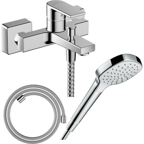 Pack mezclador mecánico de baño-ducha HANSGROHE Vernis Shape C2 + Designflex flexible + rociador Croma Select E EcoSmart blanco/cromo