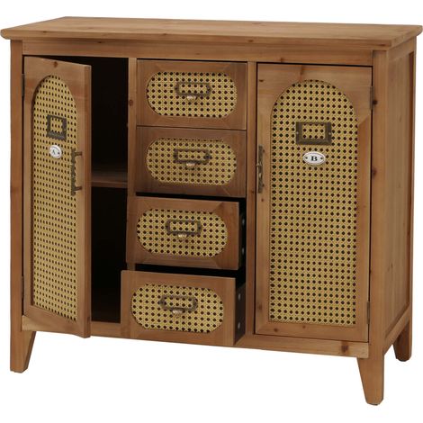 [NON UTILIZZATO] Comò da farmacia HHG-287, credenza armadio scomparti cassetti, effetto rattan vintage, 80x91x40cm, telaio naturale