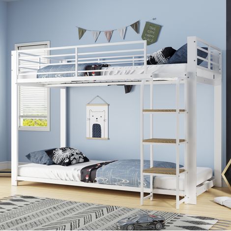 Etagenbett 90/200 cm en blanco y nogal con escalera integrada y barrera de seguridad (1/5)