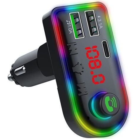 Émetteur FM Bluetooth 5.0 pour voiture – Charge rapide 3,1 A – Adaptateur allume-cigare avec éclairage d'ambiance 7 couleurs (1/4)
